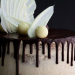 Close up of chocolate drip cake with chocolate truffles