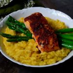 Dig-into-this-delicious-main-course-of-paprika-salmon,-garlic-asparagus-with-creamy-ackee-saffron-risotto