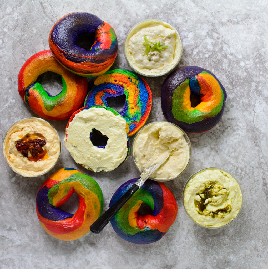 Savoury-ackee-cream-cheese-spread-to-top-colour-rainbow-bagels,-brighten-up-breakfast