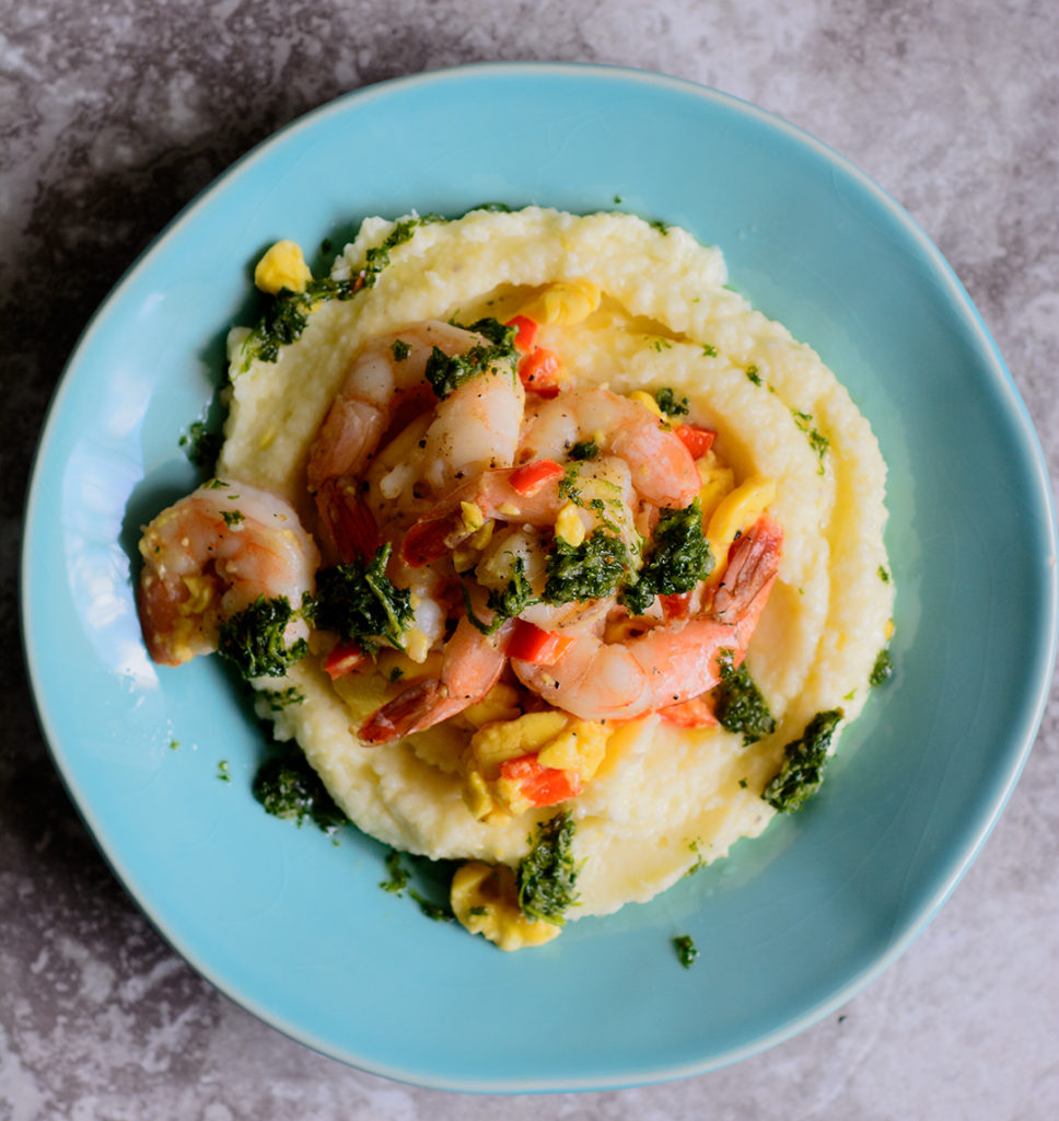 Chimichurri-Garlic-Shrimp-with-Ackee-Saute-over-Creamy-Coconut-and-Ackee-Grits-wide-overhead