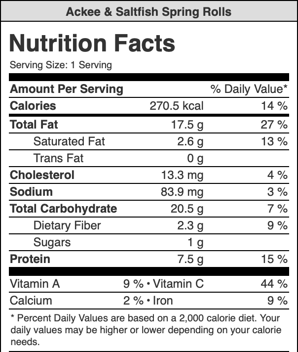 ackee and saltfish egg roll nutrition facts